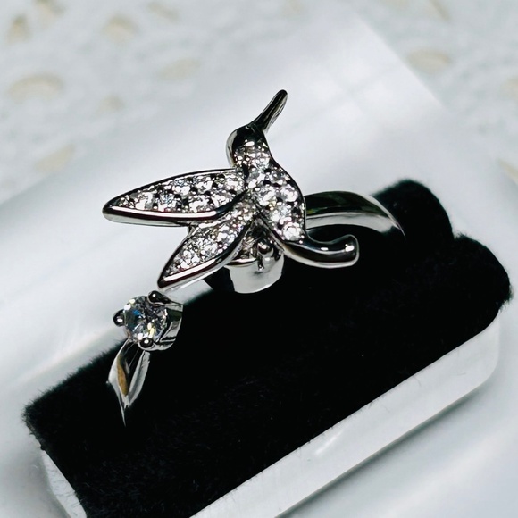 Shimmering Spinning Hummingbird Ring, CZ stones and silver tone, adjustable - Picture 3 of 8